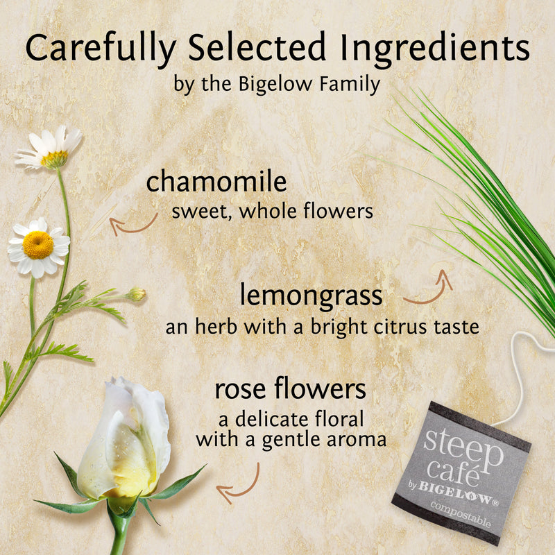 Ingredients of steep cafe by Bigelow full leaf citrus chamomile herbal tea