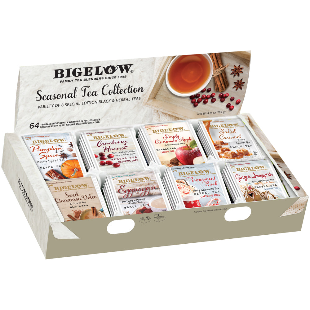 Seasonal Tea Collection Box open showing 8 different tea bag flavors