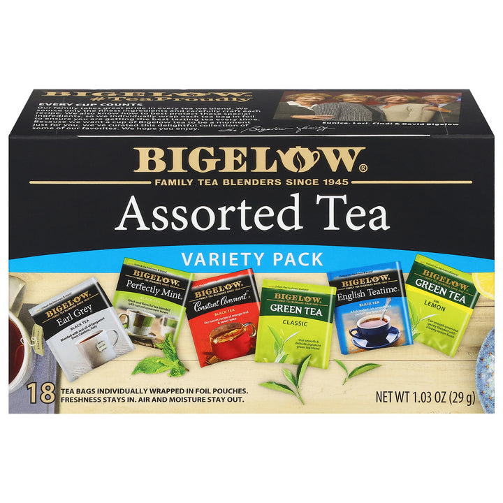 Bigelow Assorted Tea Variety Pack box with tea bags displayed on a white background