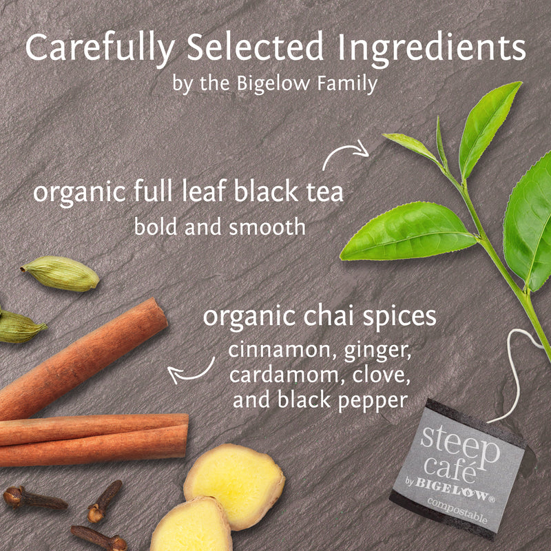 Ingredients of steep cafe by Bigelow organic full leaf chai black tea
