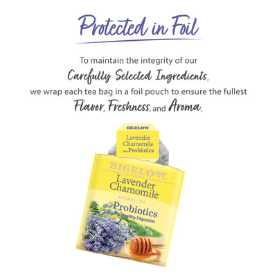 Lavender Chamomile Plus Probiotics Herbal Tea bag protected in foil