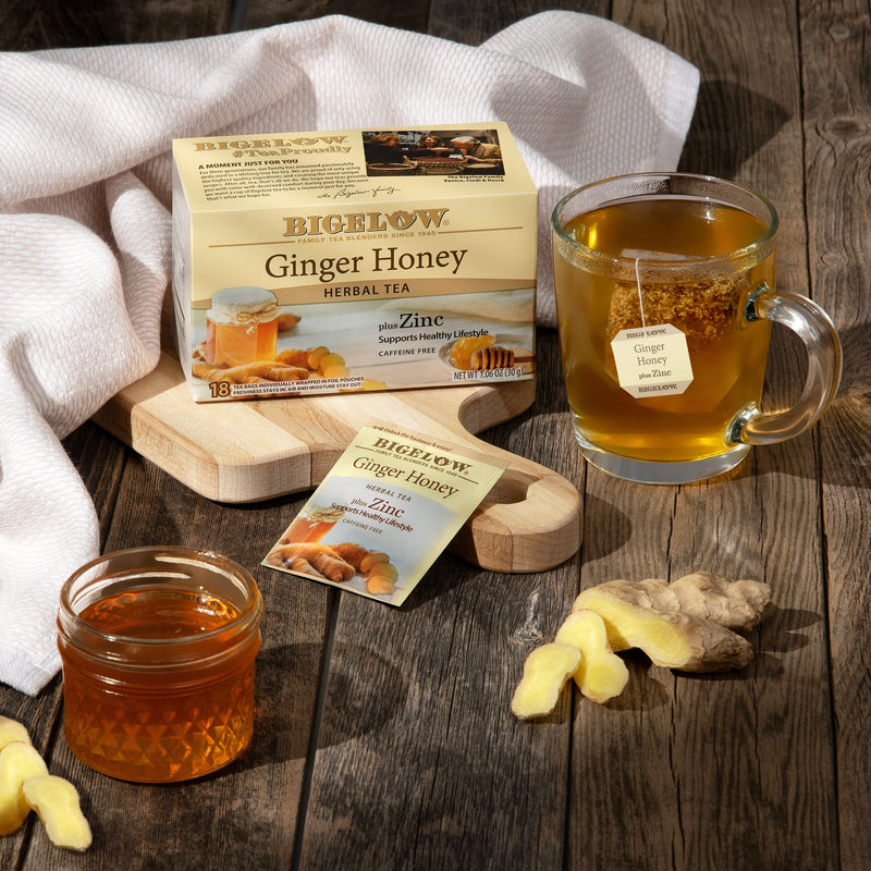 Cup of Ginger Honey Plus Zinc Herbal Tea with box and foil packet
