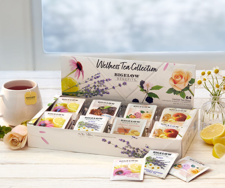 Benefits Wellness Tea Variety Gift Box and cup of tea