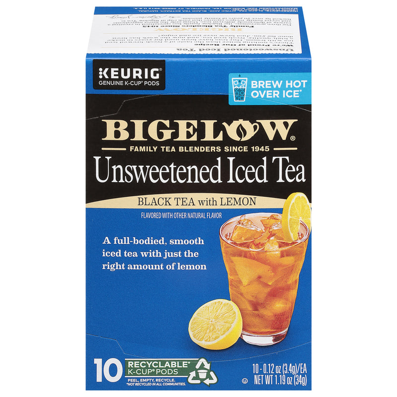 Box of Bigelow Unsweetened Black Iced Tea with Lemon Brew Over Ice K-Cups