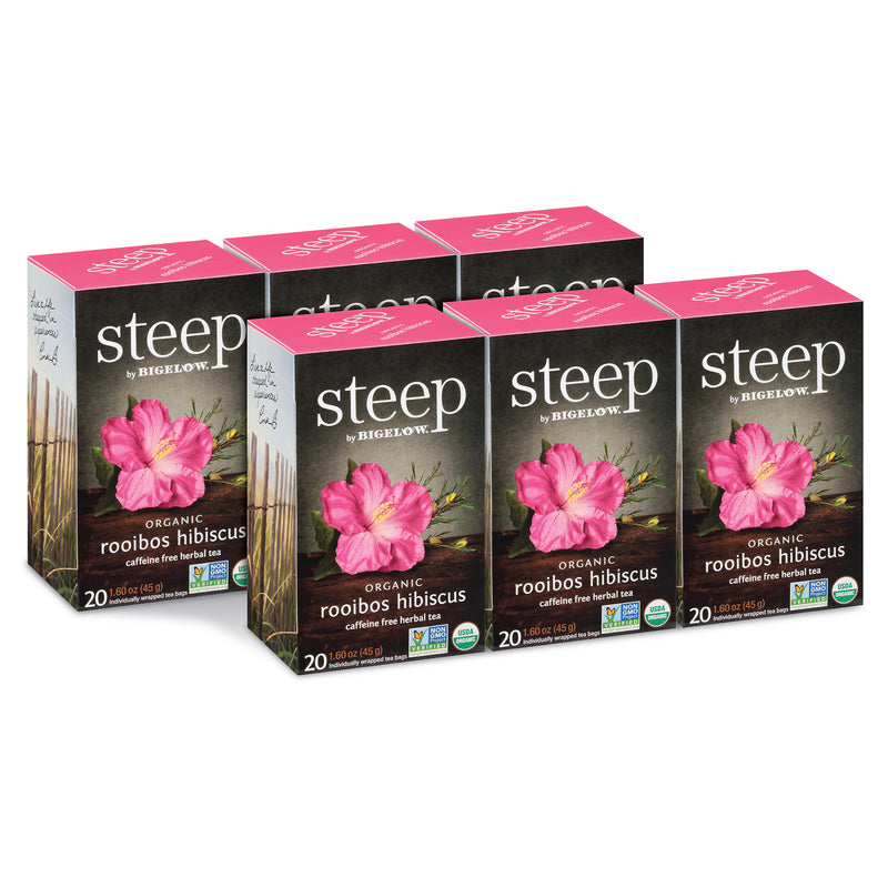 6 boxes of steep by bigelow organic rooibos hibiscus herbal tea