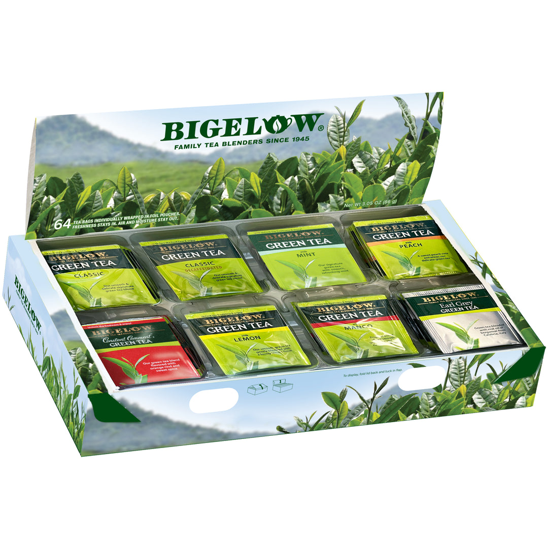 Bigelow green tea packaging with multiple tea bags displayed on a white background