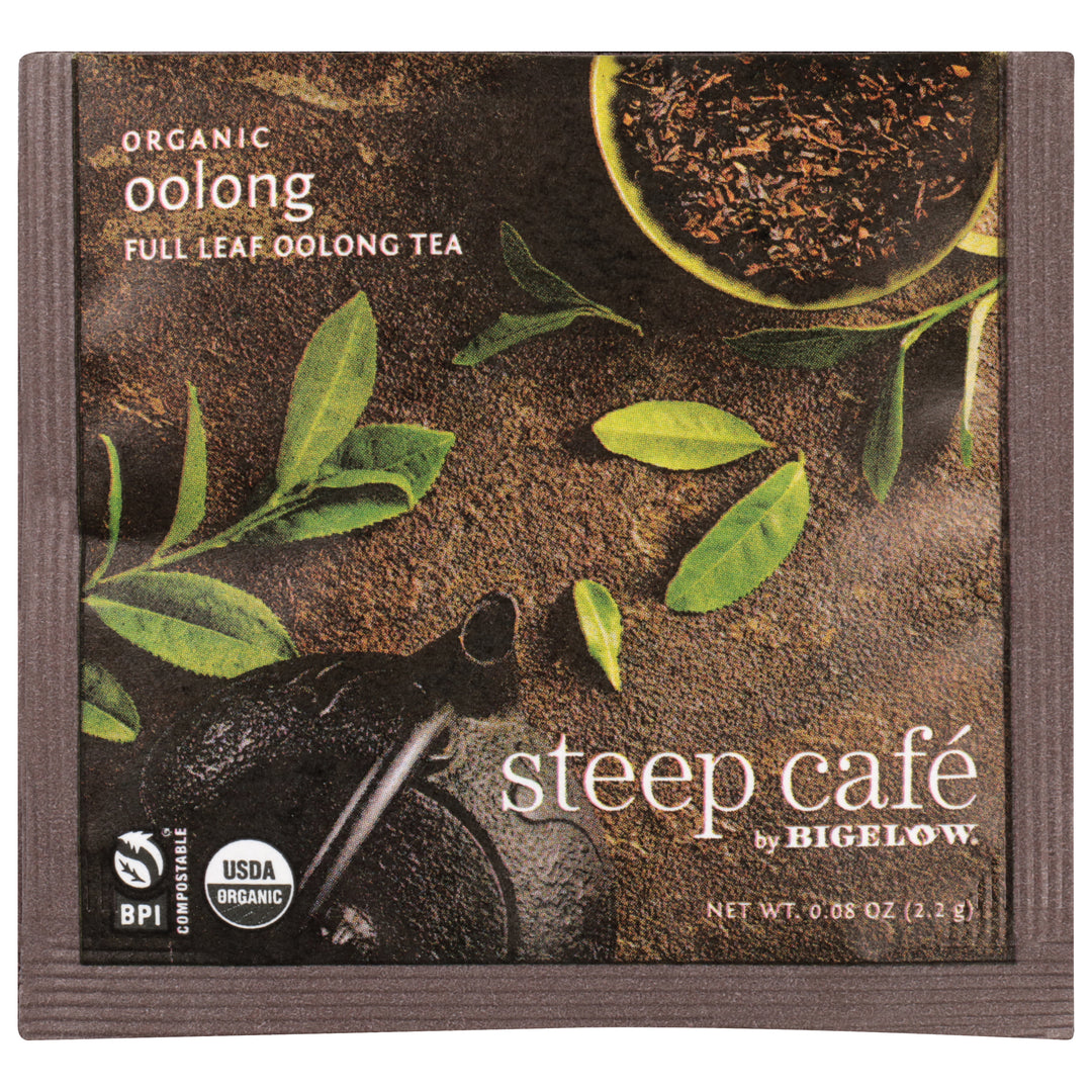 steep cafe by Bigelow organic full leaf oolong tea pyramid bag in overwrap