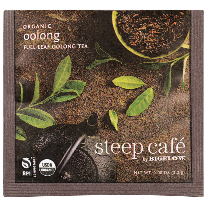 steep cafe by Bigelow organic full leaf oolong tea pyramid bag in overwrap