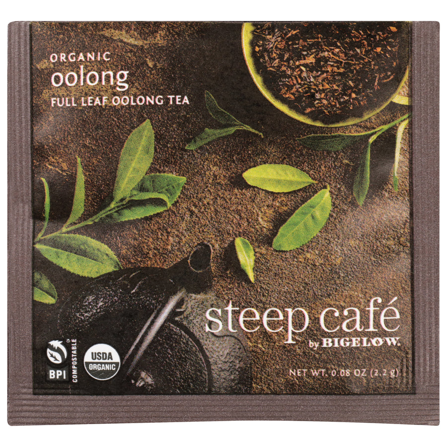 steep cafe by Bigelow organic full leaf oolong tea pyramid bag in overwrap