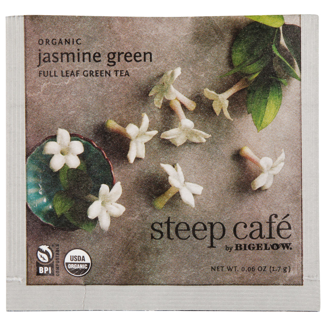 Overwrap packet of steep by bigelow organic jasmine green tea