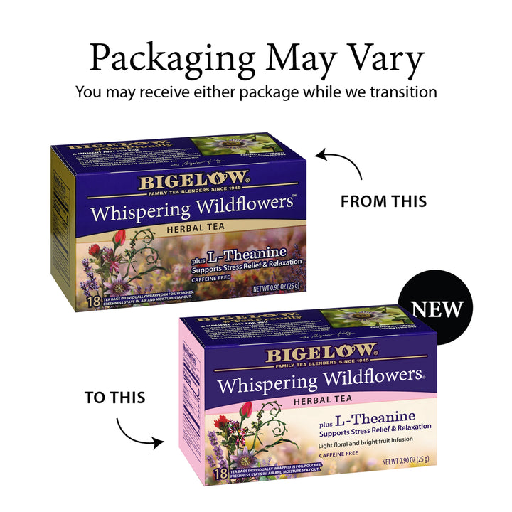 Two Bigelow Whispering Wildflowers Herbal Tea packages with text indicating packaging variation.