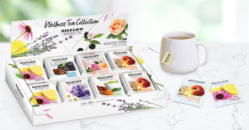 Benefits Wellness Tea Variety Gift Box and cup of tea
