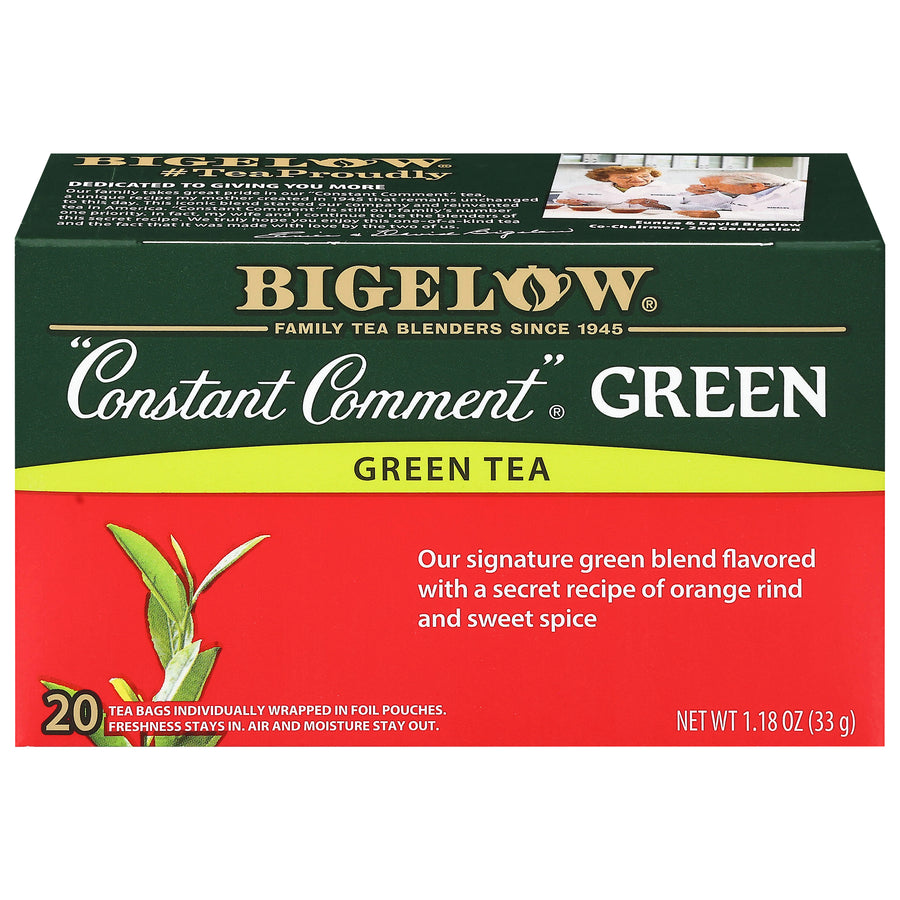 Bigelow Constant Comment Green tea box, 20 tea bags, 1.18 oz (33 g), featuring a dark green top half with gold and white lettering, a bright yellow-green band, and a red bottom half with a green tea leaf illustration.