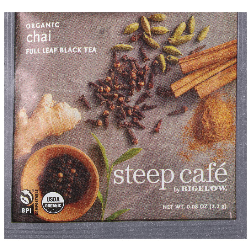 steep cafe by Bigelow organic full leaf chai black tea pyramid bag in overwrap