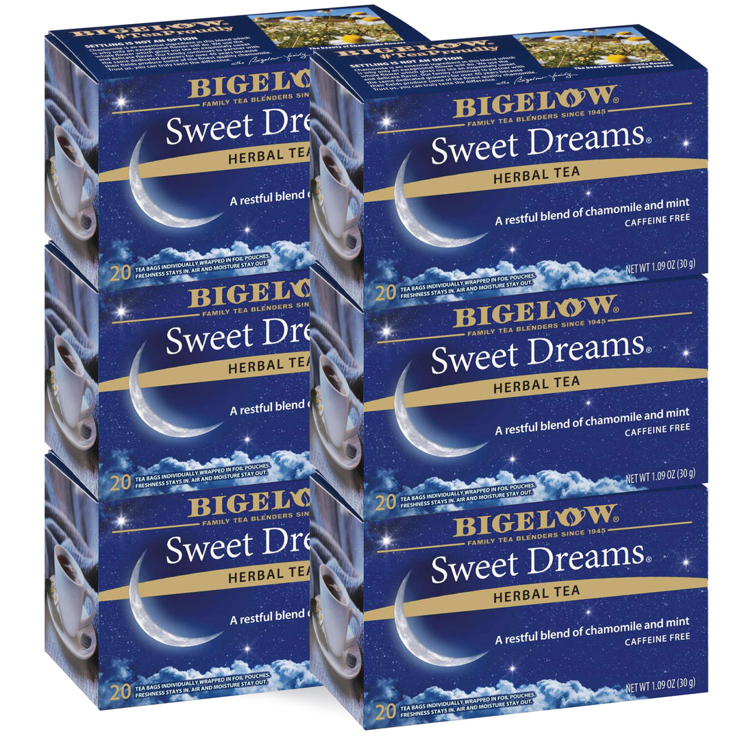 Multiple boxes of Bigelow Sweet Dreams Herbal Tea on a white background