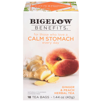 Front of Bigelow Benefits Ginger and Peach Herbal Tea box