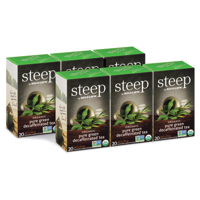 6 boxes of steep by bigelow organic pure green decafffeinated  tea