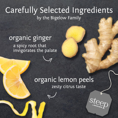 Ingredients of steep by bigelow organic lemon ginger herbal tea 