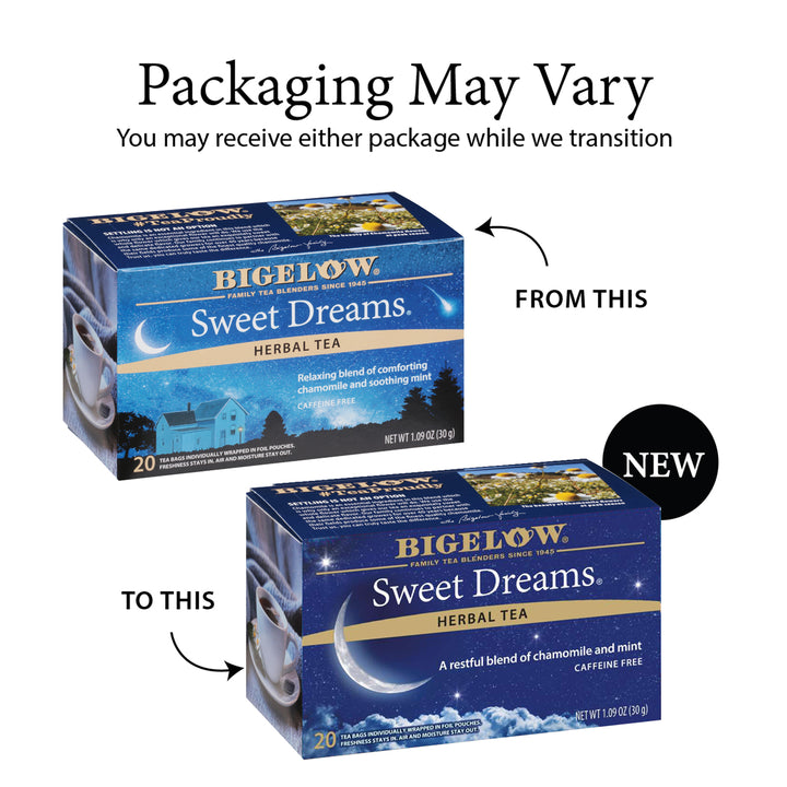 Two versions of Bigelow Sweet Dreams Herbal Tea packaging with text indicating packaging variation.