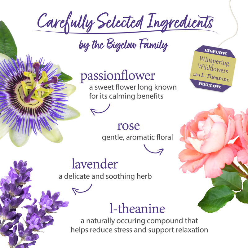 Ingredients of Whispering Wildflowers Plus L-Theanine Herbal Tea