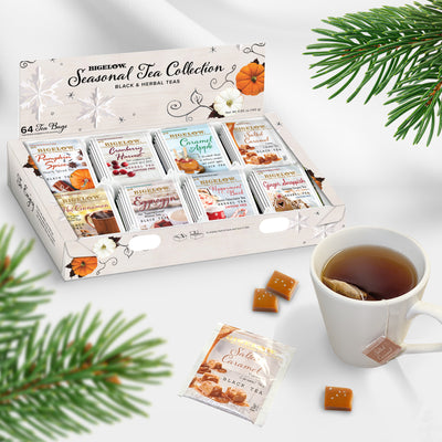 Seasonal Tea Variety Box with cup of tea