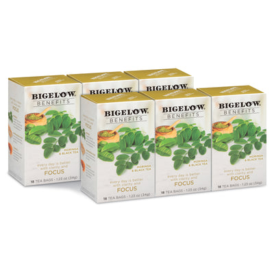 6 boxes of  Bigelow Benefits Moringa and Black Tea box