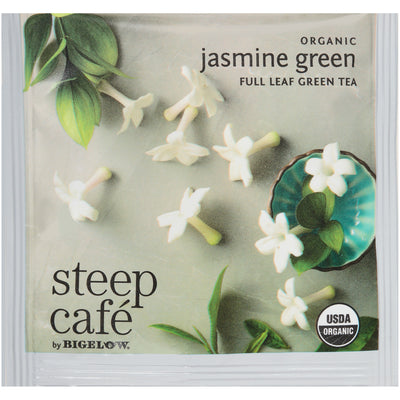 steep cafe by Bigelow organic full leaf jasmine green tea pyramid bag in overwrap
