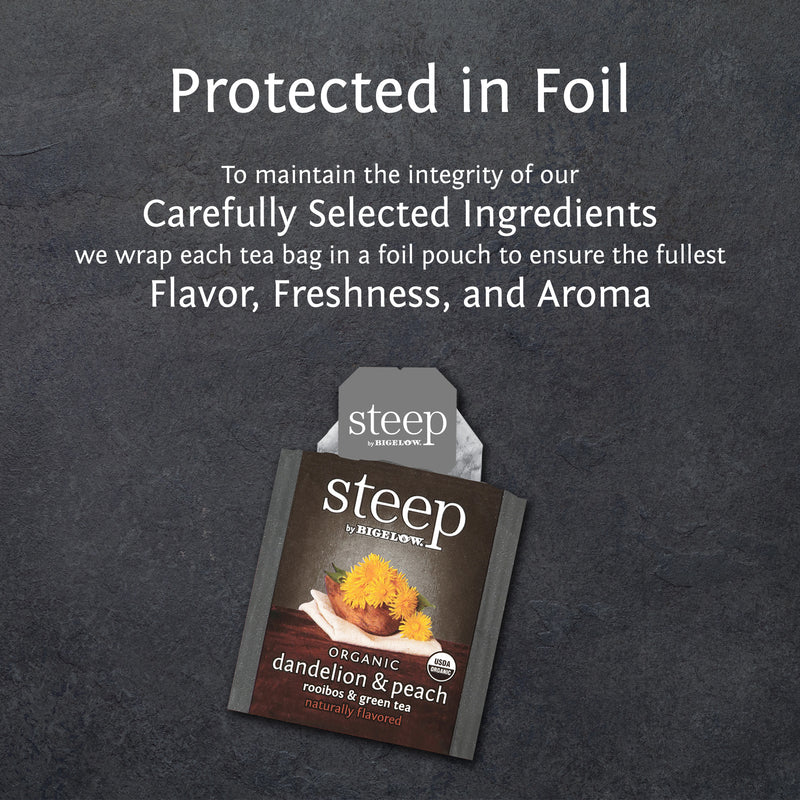 steep by bigelow organic dandelion and peach rooibos and green tea protected in foil