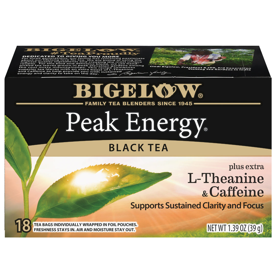 Bigelow Peak Energy Black Tea packaging with green leaves and text on a white background