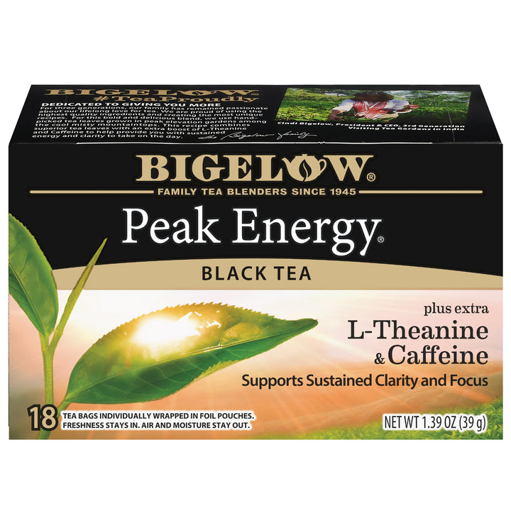 Bigelow Peak Energy Black Tea packaging with green leaves and text on a white background