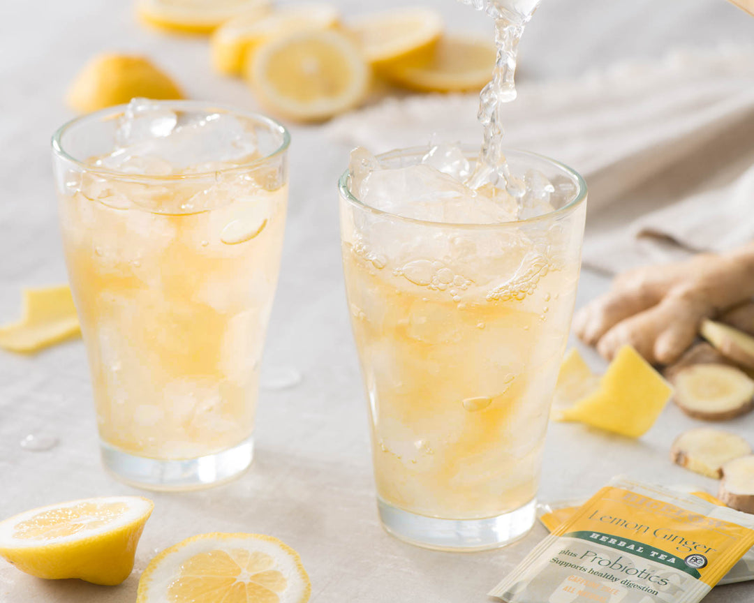 Glass of Lemon Ginger Plus Probiotics Herbal Iced Tea