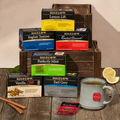 Boxes of the variety of Bigelow Black Teas with 6 flavors 