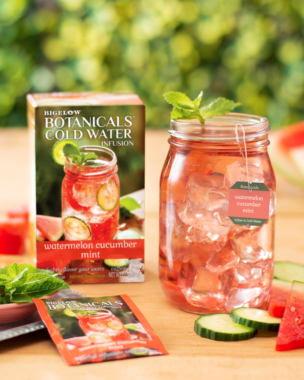 Mason jar filled with Watermelon Cucumber Mint Cold Water Infusion