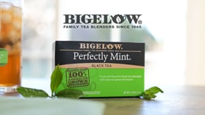 Bigelow Perfectly Mint Black tea box with mint leaves and glass of iced tea on table top