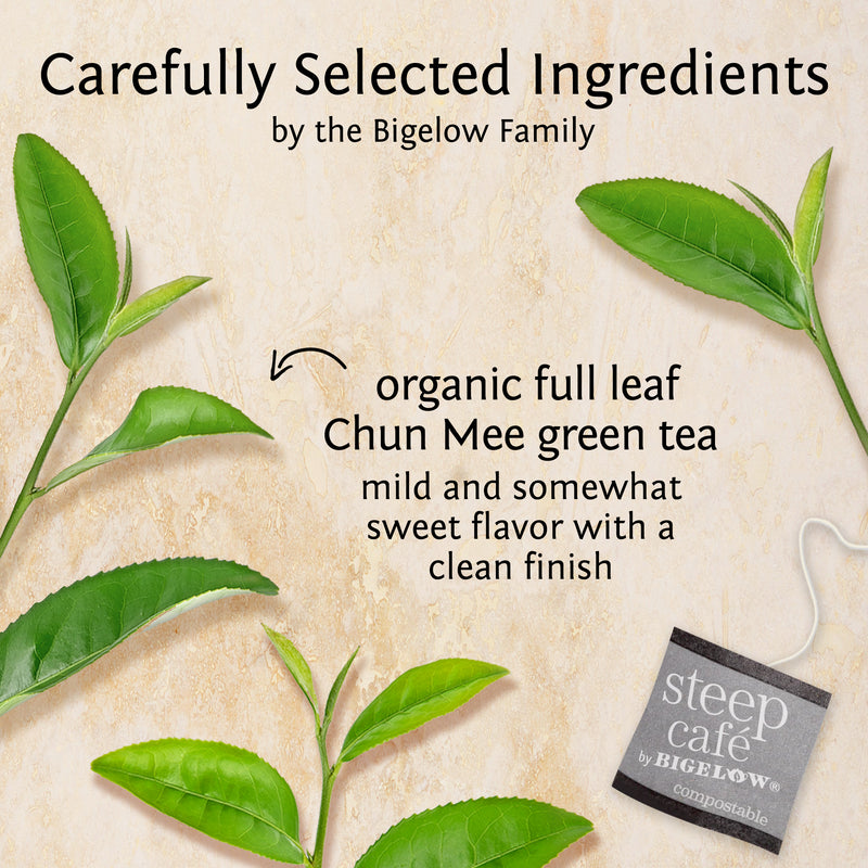 Ingredients of steep cafe by Bigelow organic full leaf chun mee green tea