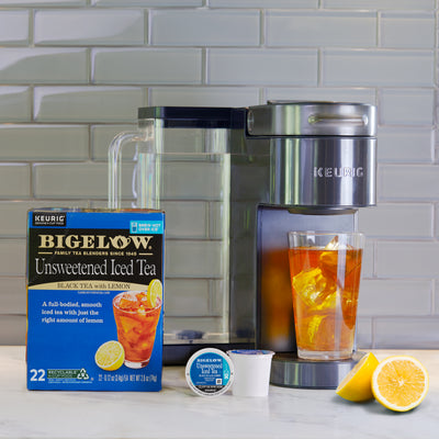 Bigelow Unsweetened Black Iced Tea with Lemon Brew Over Ice K-Cups with brewer