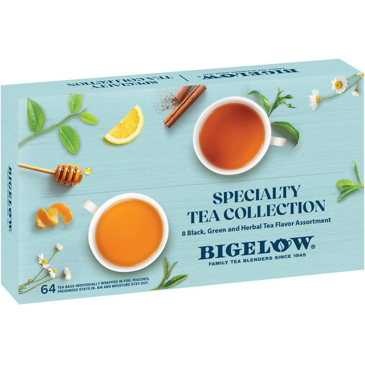 Bigelow Specialty Tea Collection packaging with tea cups and tea leaves on a light blue background