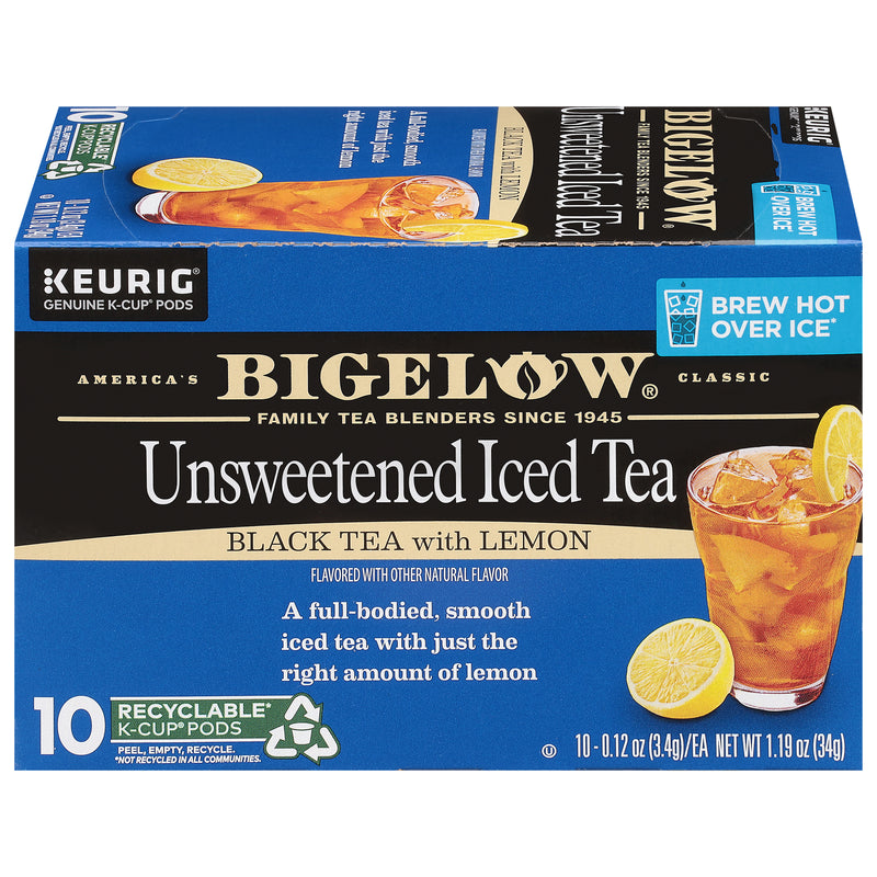 Box of Bigelow Unsweetened Black Iced Tea with Lemon Brew Over Ice K-Cups