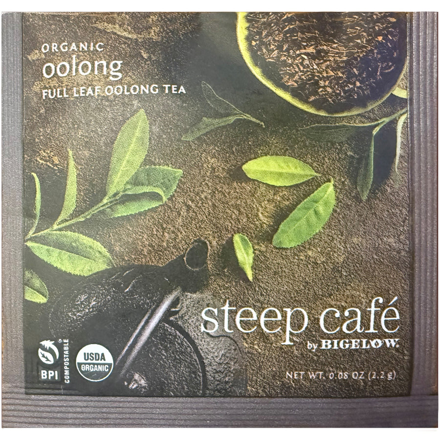 steep cafe by Bigelow organic full leaf oolong tea pyramid bag in overwrap