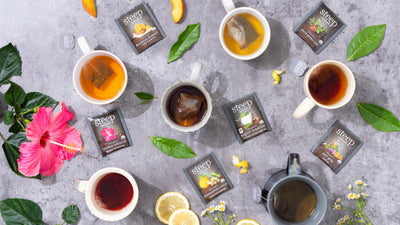 Cups of the Assortment of steep by Bigelow teas showing ingredients