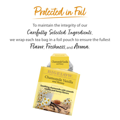 Chamomile Vanilla and Honey Herbal Tea protected in foil