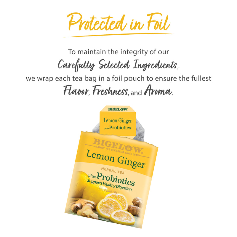 Lemon Ginger Plus Probiotics Herbal tea bag protected in foil
