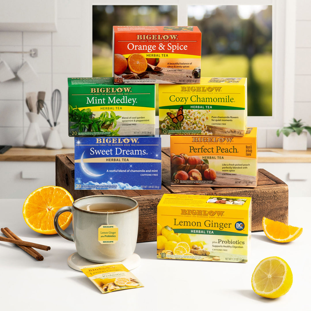 Boxes of an assorted selection of Bigelow Herbal Teas