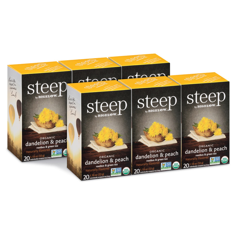 6 boxes of steep by bigelow organic dandelion and peach rooibos and green tea