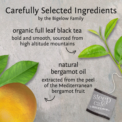 Ingredients of steep cafe by Bigelow organic full leaf earl grey black tea