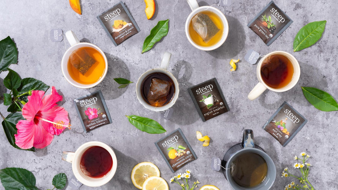 Cups of the Assortment of steep by Bigelow teas showing ingredients
