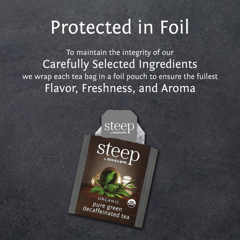 steep by bigelow organic pure green decafffeinated  tea protected in foil