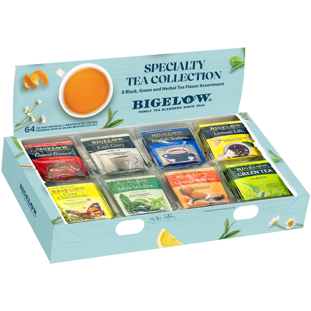 Bigelow Specialty Tea Collection box with various tea packages on a white background