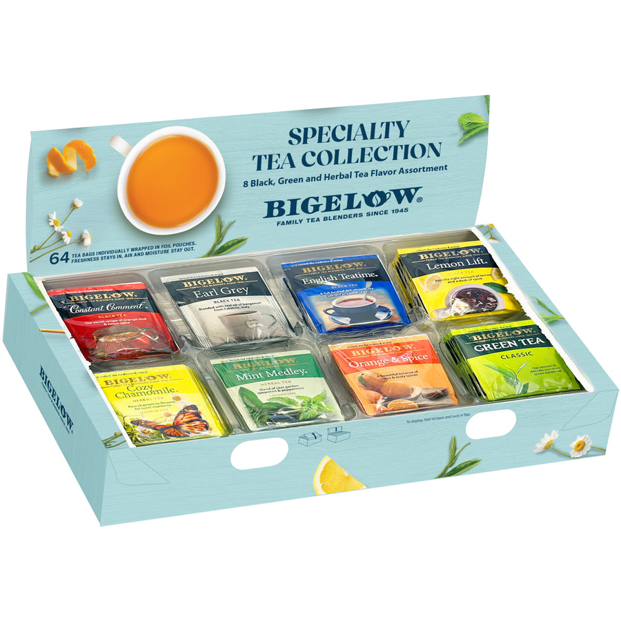 Bigelow Specialty Tea Collection box with various tea packages on a white background