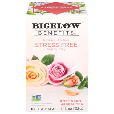 Front of Bigelow Benefits Rose and Mint Herbal Tea box